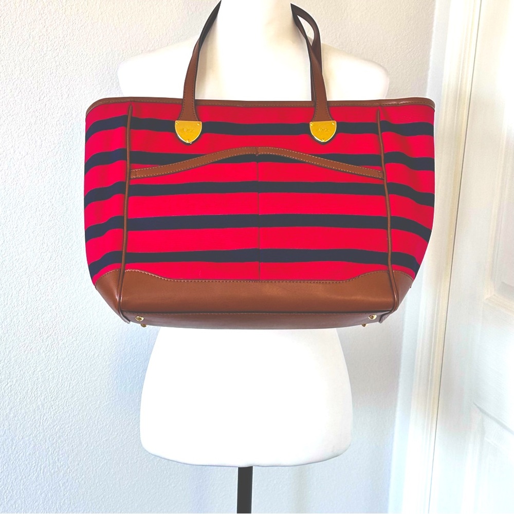 NWOT Ralp Lauren Tote Canvas Zip stripe red black border studed bottom